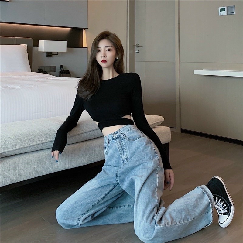 ÁO KIỂU NỮ KHOÉT EO TAY DÀI CỔ TRÒN DÁNG CROPTOP, Chizishop