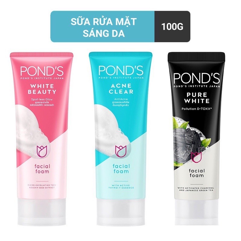 Sữa Rửa Mặt Sáng Da Pond's Tuýp 100G nhiều loại (Ngừa Mụn/ Pure White Tinh Khiết Than Hoạt Tính Sạch Sâu/ Trắng Hồng)