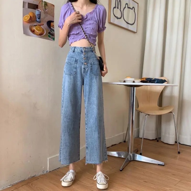 Quần Jean Nữ Màu Xanh Cạp Cao Ống Suông, Quần Bò Ống Đứng Cài Cúc Có Túi Chất Denim Jean Loại 1 Hàng Quảng Châu