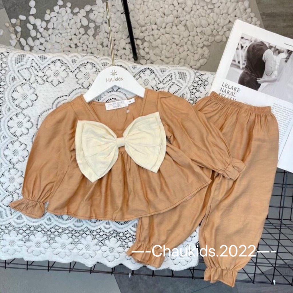 Bộ thu đông nơ ngực bé gái, set bộ đũi dài tay dáng babydoll nơ ngực siêu cưng cho bé