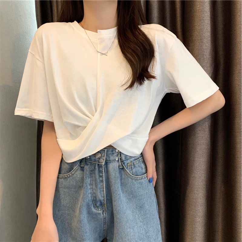 Áo thun ngắn tay màu trơn thiết kế đơn giản thời trang cho nữ