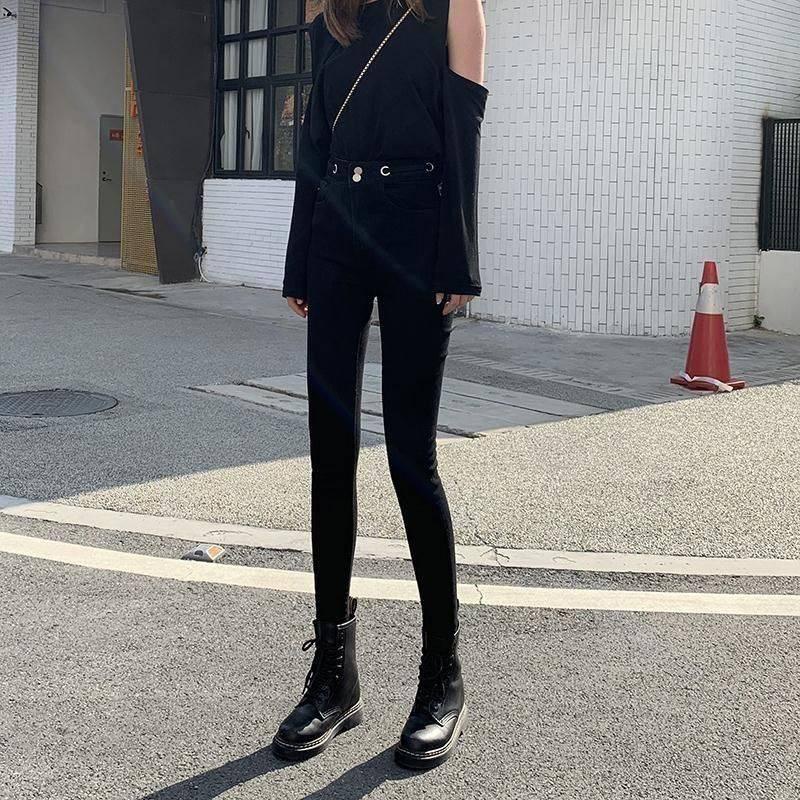 Quần skinny jean màu đen lưng cao co giãn thời trang xuân hè cho nữ