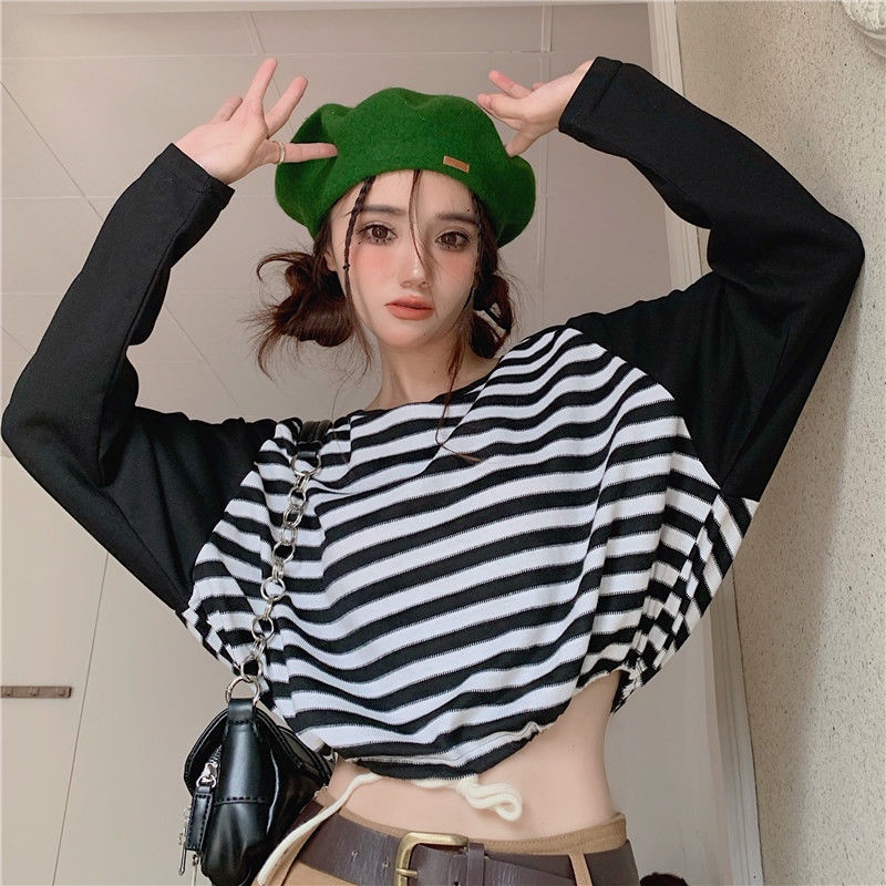 Áo Thun Ngắn Họa Tiết Kẻ Sọc Dễ Thương Phong Cách Hàn Quốc Thời Trang Cho Nữ