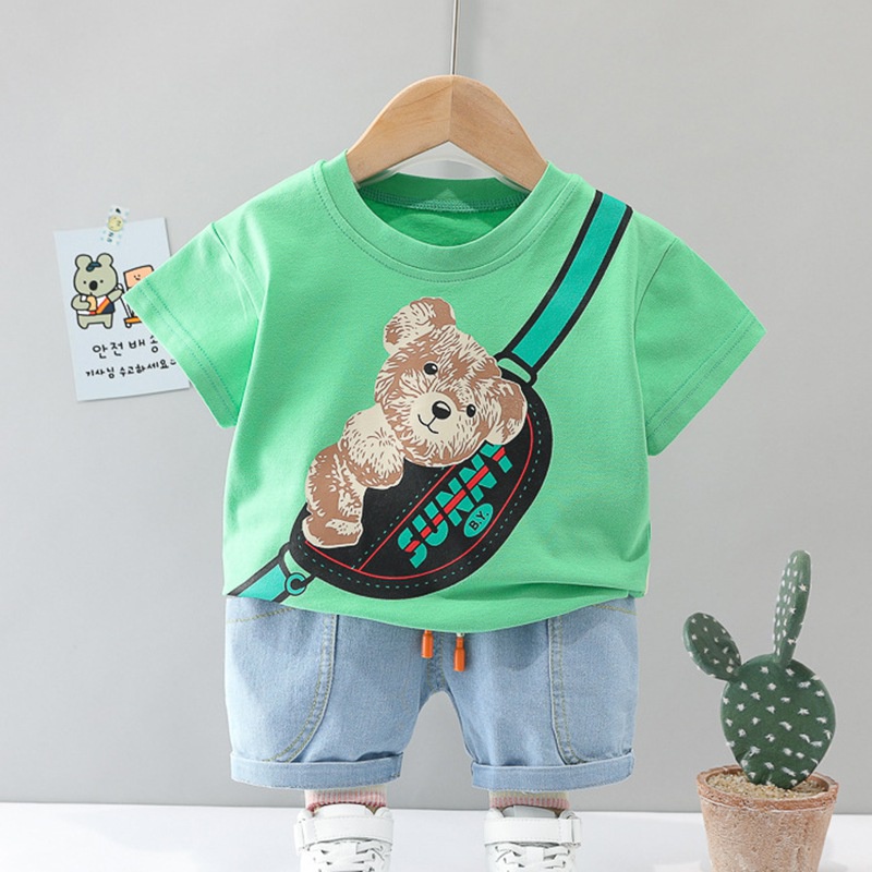 Bộ áo thun tay ngắn in hình hoạt hình + quần đùi denim thời trang mùa hè dành cho bé trai từ 0-4 tuổi