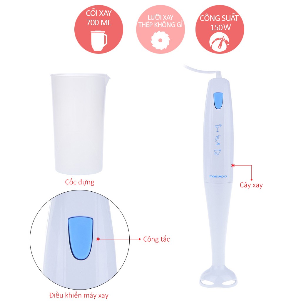 MÁY XAY SINH TỐ CẦM TAY DAEWOO DEB-JZ150, LƯỠI DAO BẰNG THÉP KHÔNG GỈ, CAO CẤP (Chính Hãng)