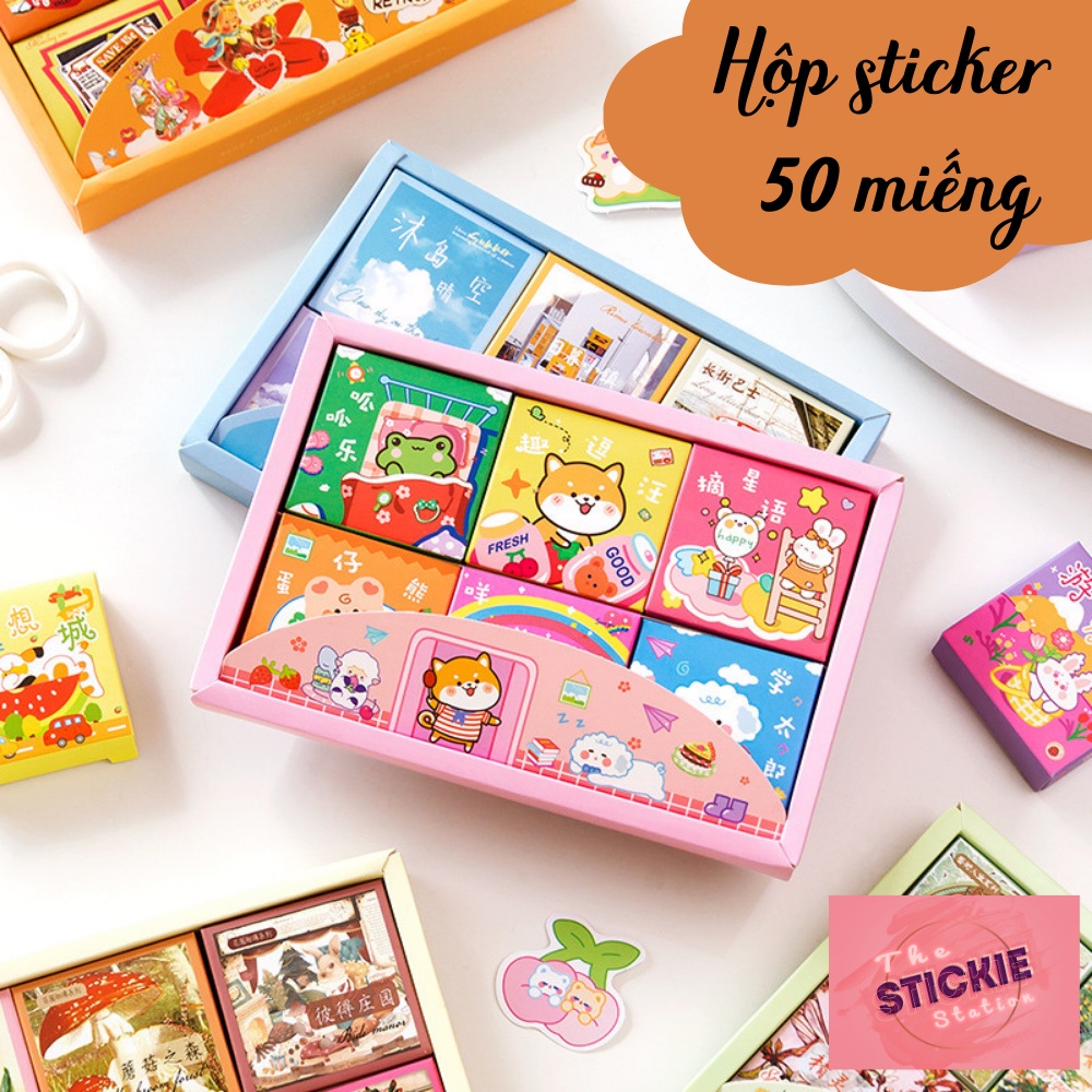 Hộp Sticker 50 Miếng Set 6 Hộp theo chủ đề dễ thương, phong cảnh