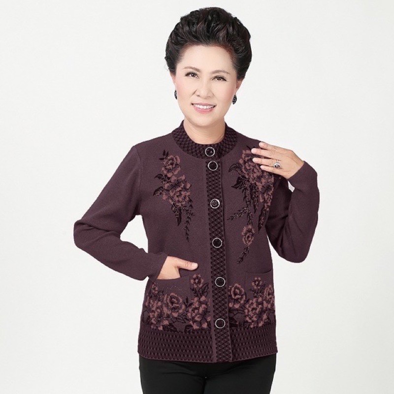 Áo Len Cổ Tròn Cài Cúc Dành Cho Người Già, Bà Già Sang Trọng