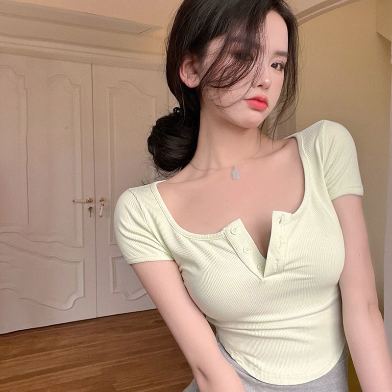 Áo Thun Tay Ngắn Cổ Chữ U Thiết Kế Độc Đáo Thời Trang Mùa Hè Quyến Rũ Cho Nữ