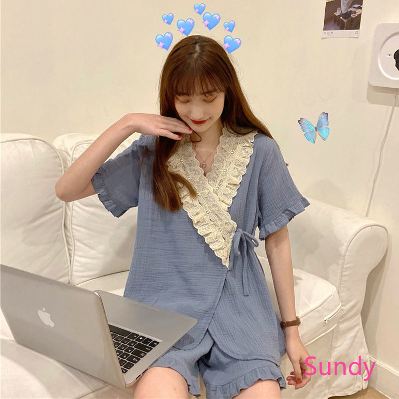 Bộ Đồ Ngủ Ngắn Tay Phối Ren Phong Cách Kimono Nhật Bản Dành Cho Nữ