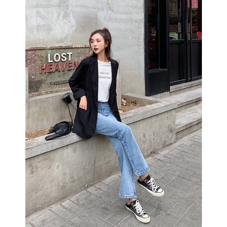 DUNEA Quần Denim Ống Rộng Lưng Cao Xẻ Tà Gợi Cảm Cho Nữ DUNEA0908