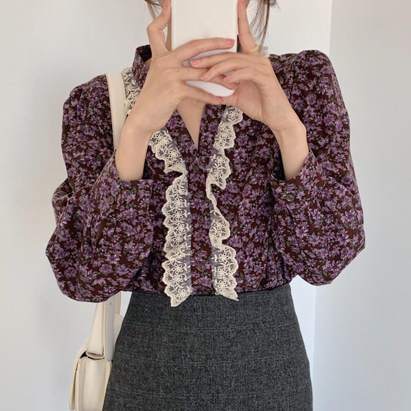 Áo Kiểu Tay Dài Phối Ren Hoa Thiết Kế Cổ Chữ V Nữ Tính