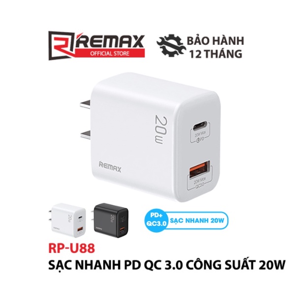 👉👉BH 12 THÁNG👈👈 Cốc sạc nhanh Remax RP-U88 PD QC 3.0 20W 1 cổng USB và 1 cổng Type C Rejie Series