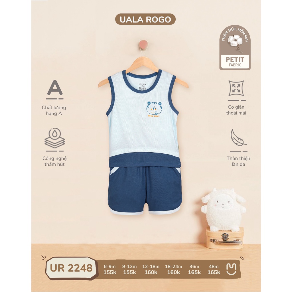 Bộ ba lỗ Uala Rogo chất vải petit cao cấp mềm mịn thoáng mát thấm hút tốt in hổ tiger cho bé trai bé gái 2248