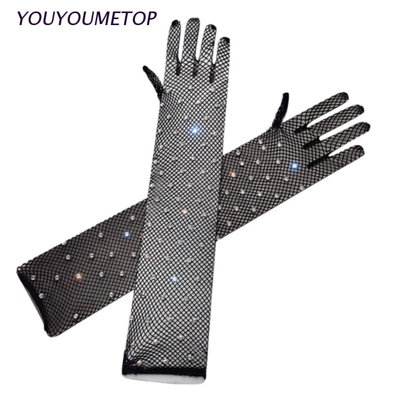 Găng tay co giãn nhìn xuyên qua đính kim cương nhân tạo sành điệu cho nữ
