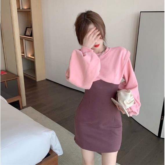 Đầm nhung dài tay ôm dáng thời trang thu đông hàn quốc