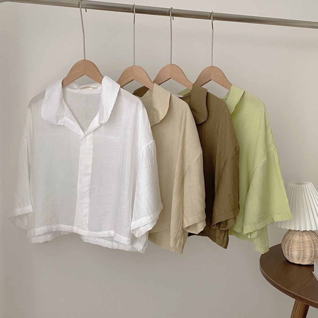 LOVI SHOP Áo sơ mi nữ croptop tay ngắn cổ lá sen form rộng basic