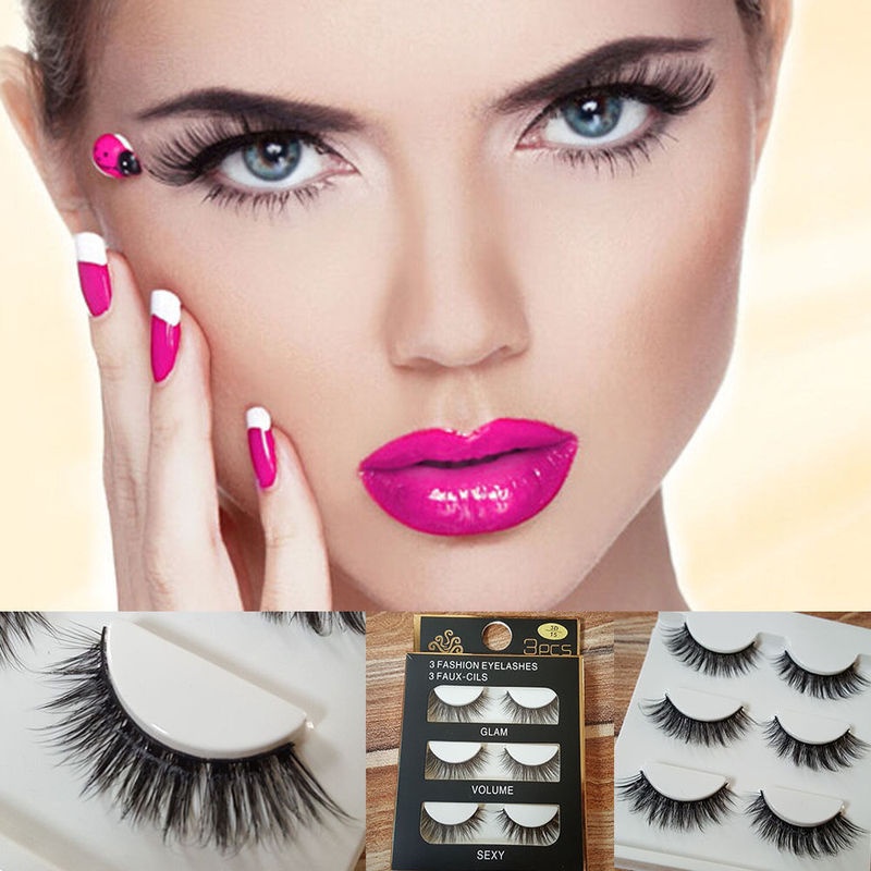 3 Pairs Soft Natural Long Fluffy 3D Mink False Eyelashes/ Girls Handmade Thick Fake Eyes Lashes/ Beauty Makeup Lashes Extension Tools