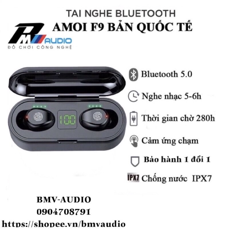 Tai nghe Bluetooth Amoi F9 2020 BẢN QUỐC TẾ, nút cảm ứng, Pin 280 giờ, Kèm sạc dự phòng, chống nước IPX7