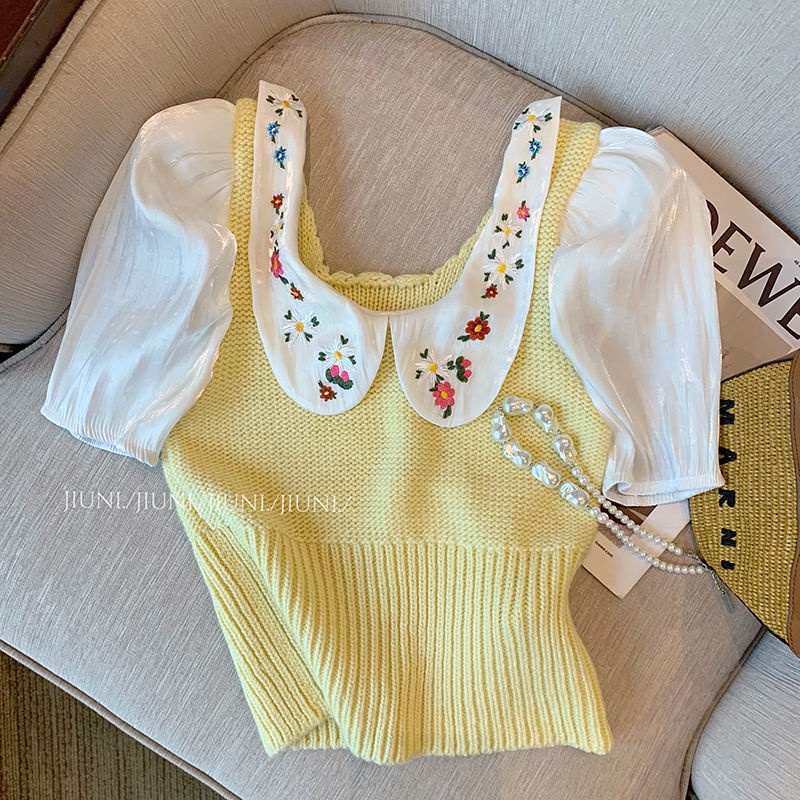 Áo Croptop Dệt Kim Tay Ngắn Cổ Búp Bê Thêu Hoa Thời Trang Mùa Hè Cho Nữ