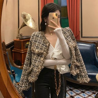 Áo dạ cúc vàng cổ tròn áo dạ tweed sang chảnh A123