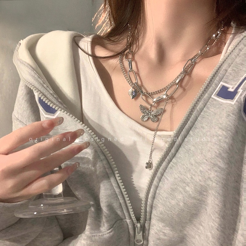 Vòng cổ IF YOU mạ bạc mặt hình trái tim/bướm phong cách Hàn Quốc