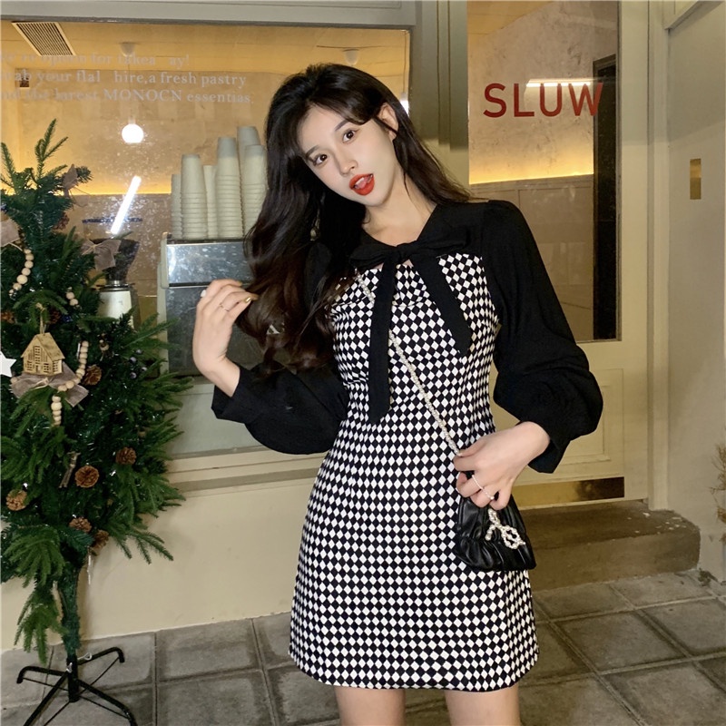 Đầm Perty dáng ôm in sọc caro phong cách Hàn Quốc thời trang mùa thu dành cho nữ