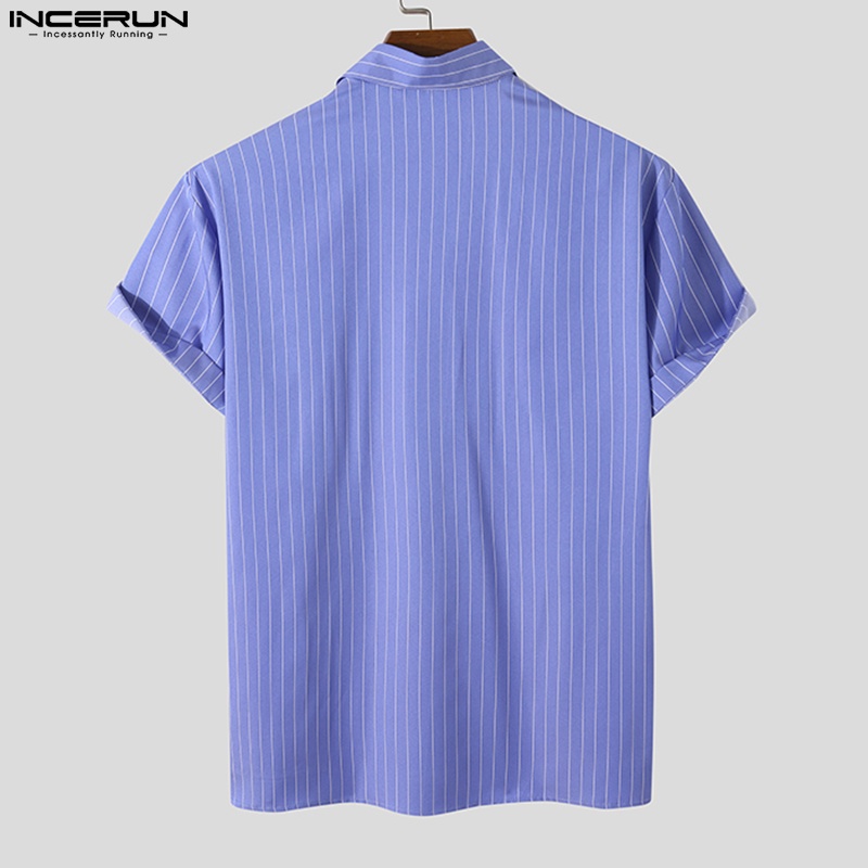 INCERUN Áo Sơ Mi Ngắn Tay Họa Tiết Kẻ Sọc Cài Nút Thời Trang Mùa Hè Cho Nam