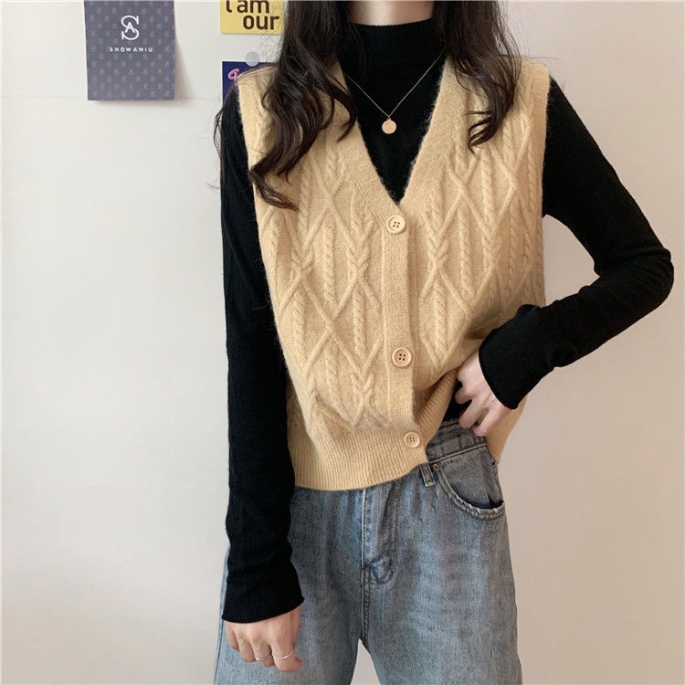 Áo khoác len cardigan không tay cổ chữ V đính khuy đơn giản dễ phối đồ thời trang phong cách Hàn Quốc size S~3XL | BigBuy360 - bigbuy360.vn