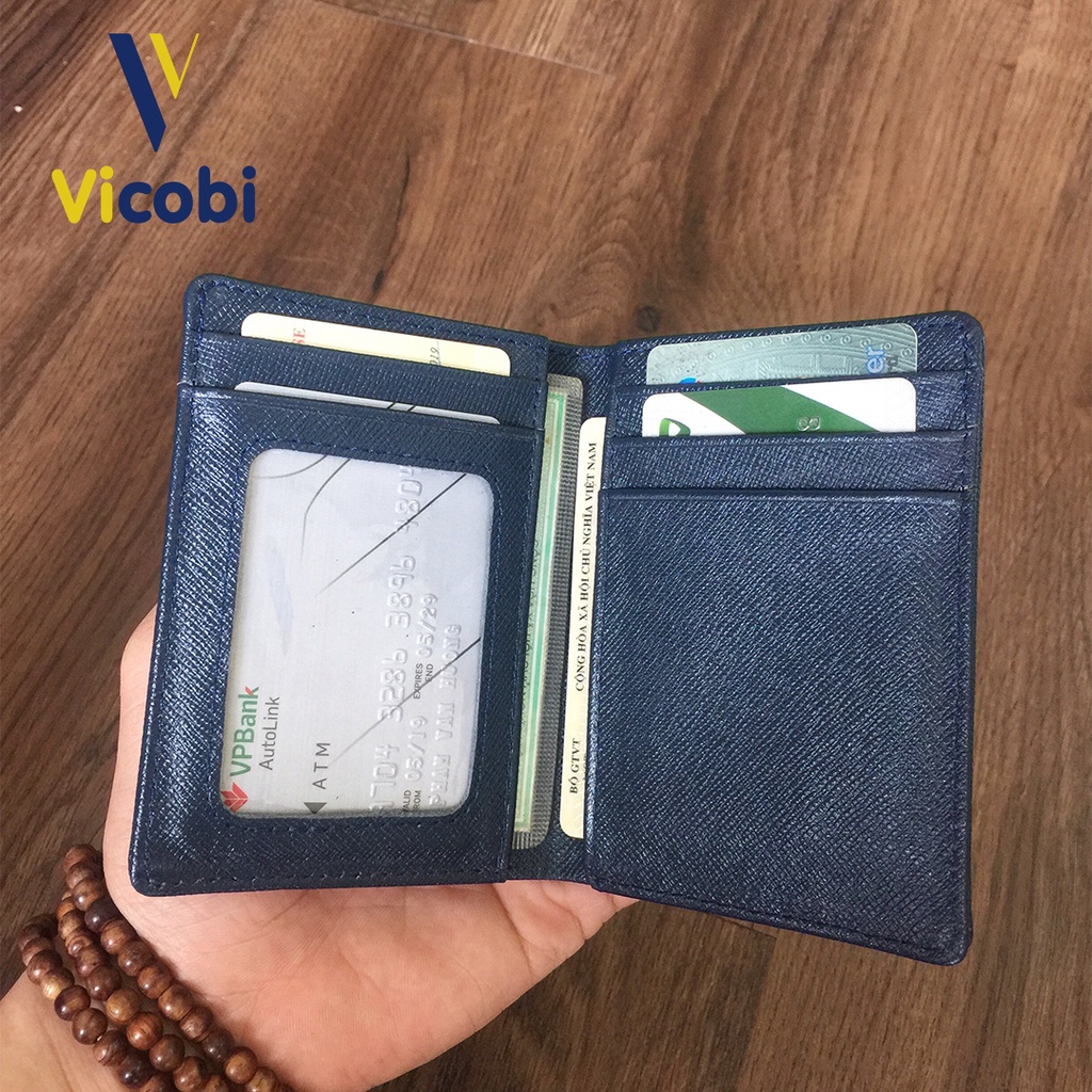 Ví mini đứng Da Bò Edward Vicobi M5 Xanh Navy, nhỏ gọn để giấy tờ mới