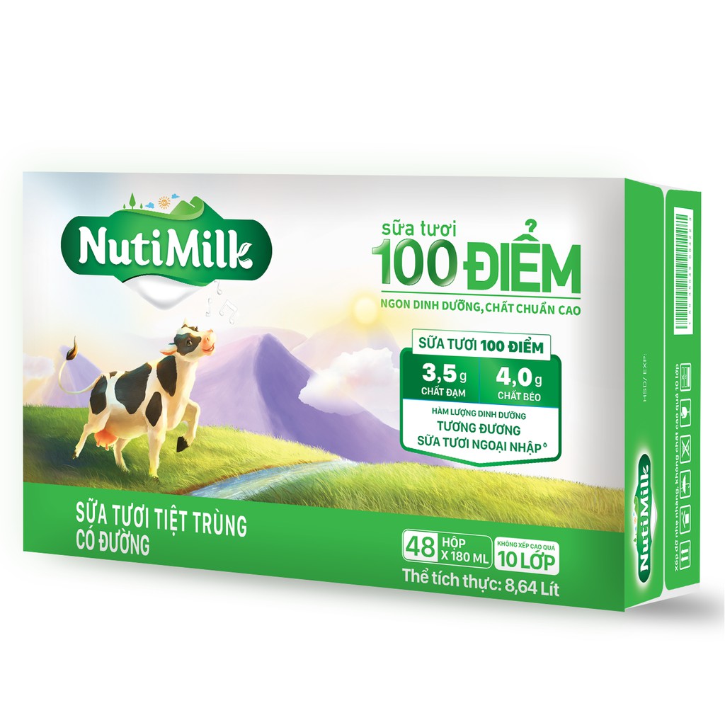 [BÉ KHỎE BÉ ĐẸP] 1 Thùng/48 Hộp NUTIMILK Sữa Tươi Tiệt Trùng 100 Điểm 180mL Không đường/ ít đường/ Có đường/ Đường Đen