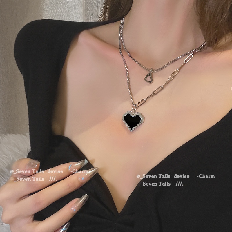 Set 2 Vòng cổ mặt hình trái tim đen phong cách Mosaic thời trang sàn điệu cho nữ