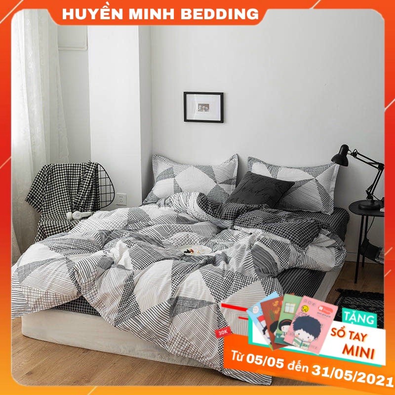 BỘ CHĂN GA TAM GIÁC XÁM POLY COTTON - Bộ Chăn Ga Gối Đệm 5 Món Cao Cấp