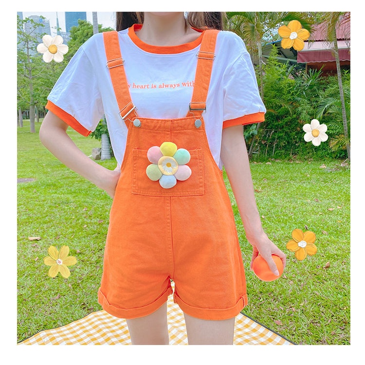 Bộ Áo Liền Quần Chất Denim Mỏng Màu Cam Phong Cách Phương Tây Thời Trang Cho Học Sinh