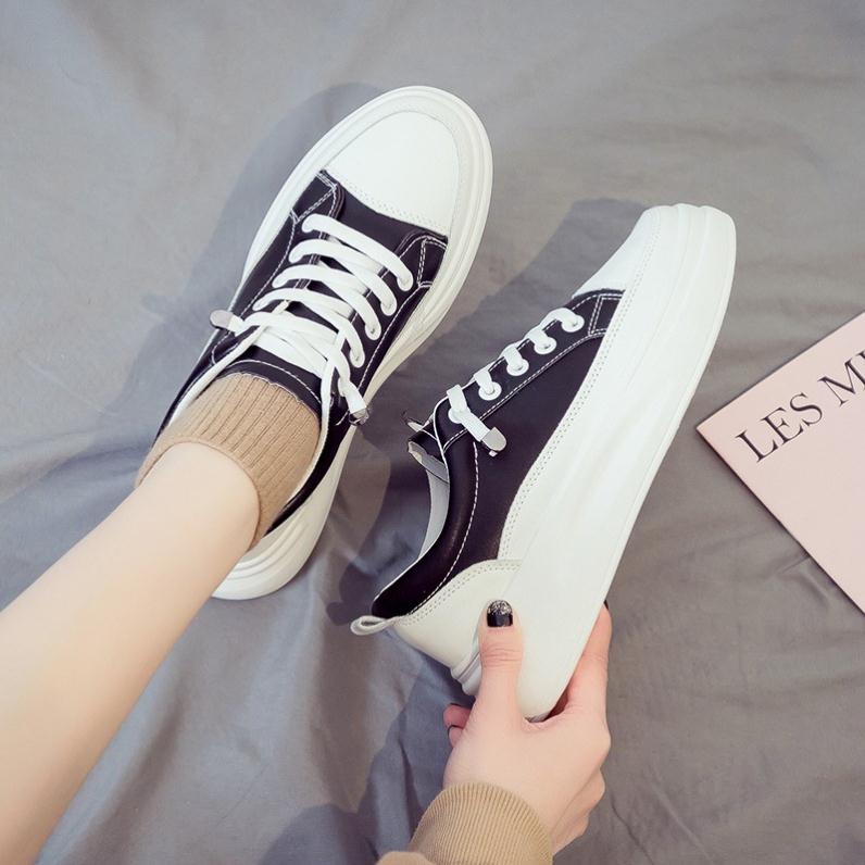 Giày thể thao nữ độn đế phiên bản Hàn Quốc,giày trắng,dây buộc,đế cao su đúc cao cấp