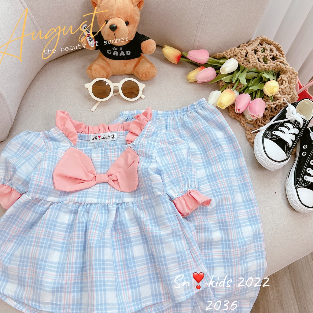 Bộ quần áo bé gái đính nơ trước ngực dài tay bo gấu từ 8-20kg