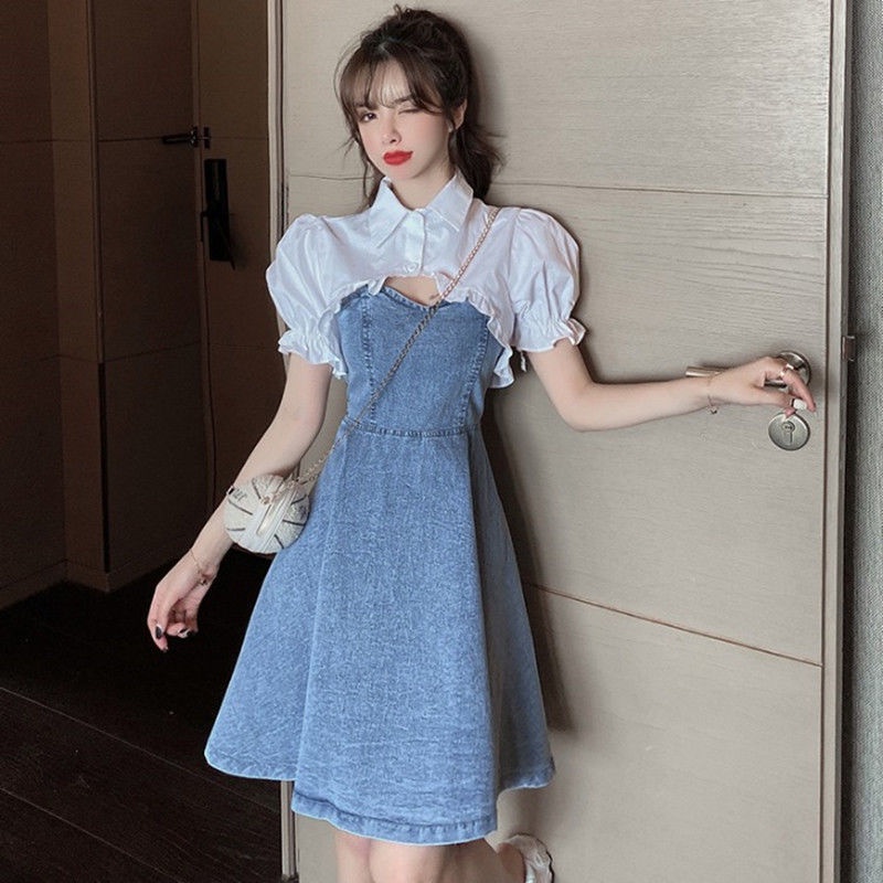 Set Áo Sơ Mi Tay Phồng + Đầm Yếm Denim Thời Trang Mùa Hè Phong Cách Mới Cho Nữ
