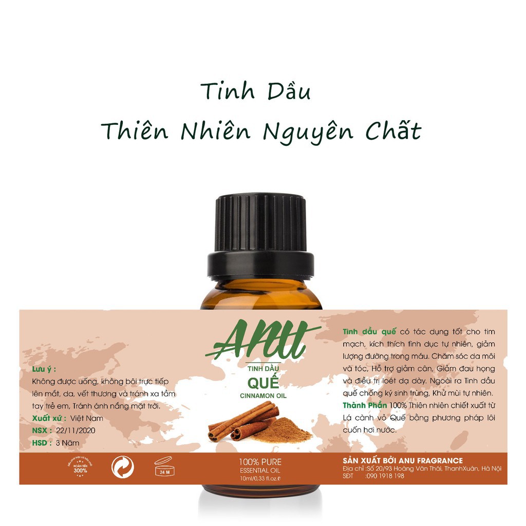 Tinh Dầu Vỏ Quế Anu Fragrance | 100% Thiên Nhiên Nguyên Chất | Cinnamon Essential Oil | Kiểm Nghiệm Quatest 3