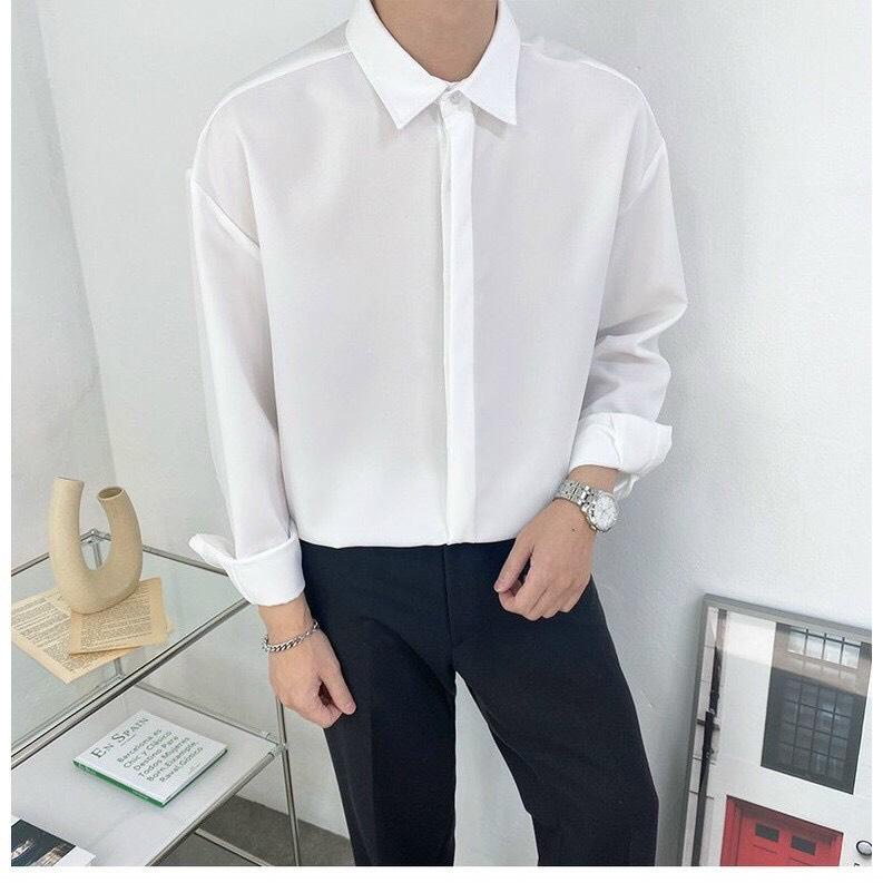 Áo sơ mi nam dấu cúc dài tay dáng rộng hàn quốc vải lụa thái không nhăn không xù