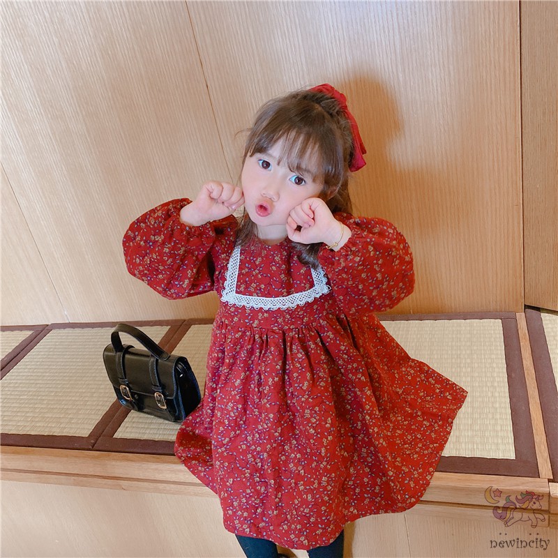 Đầm tay dài in họa tiết hoa phong cách retro Hàn Quốc xinh xắn thời trang cho nữ