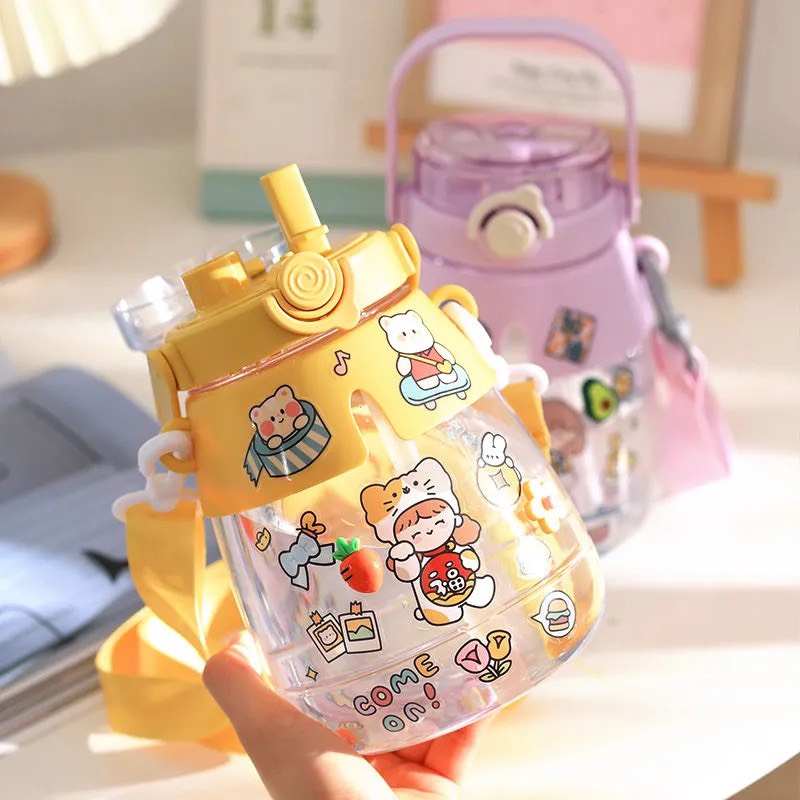Bình nước cute dễ thương có ống hút 1300ml cho bé đi học tặng kèm sticker FITEZY HCM