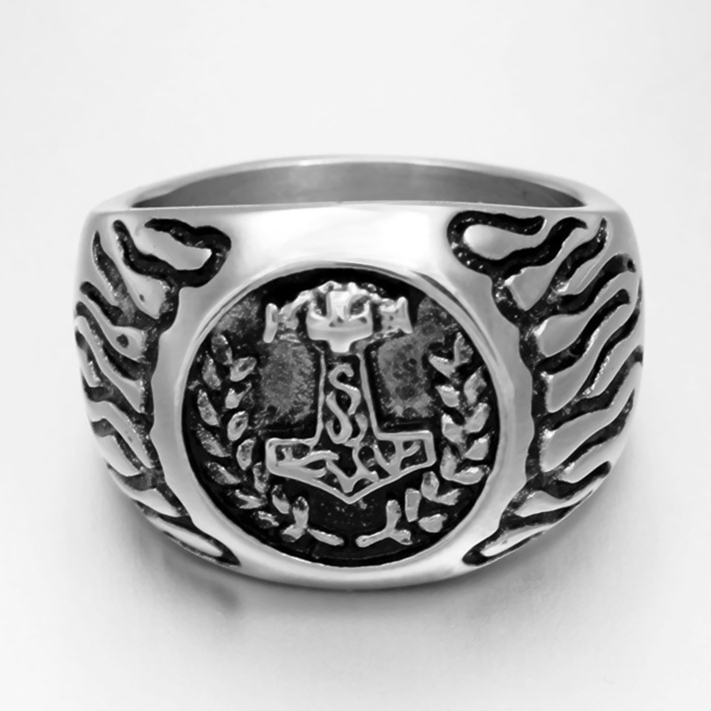 Cincin Punk Desain Thor Goth mythical Thor Bahan Stainless Steel Warna Silver untuk Pria