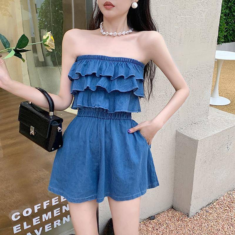 Áo Liền Quần Ống Rộng Vải Bò Một Bên Vai Quần Soóc Nữ Áo Liền Quần Ống Rộng Mỏng Khoe Eo Cao