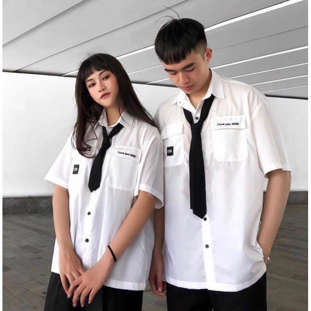 Áo sơ mi Hàn unisex thêu chữ I Love You 3000 + cà vạt