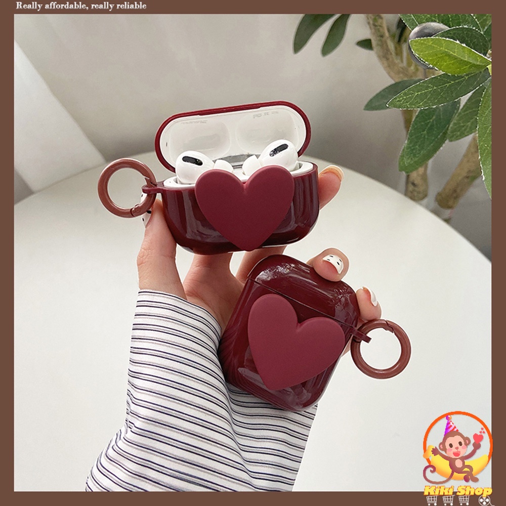 Vỏ Bảo Vệ Hộp Sạc Tai Nghe Airpods 3 1/2/pro Bằng Silicon Mềm Màu Đỏ Họa Tiết Trái Tim 3D Phong Cách Retro