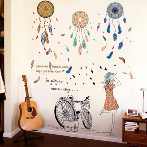 Decal dán tường phòng ngủ [THANH LÝ] tranh cô gái và lưới bắt giấc mơ AmyShop