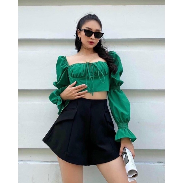✔Áo xanh bo chun tay dài cột ngực