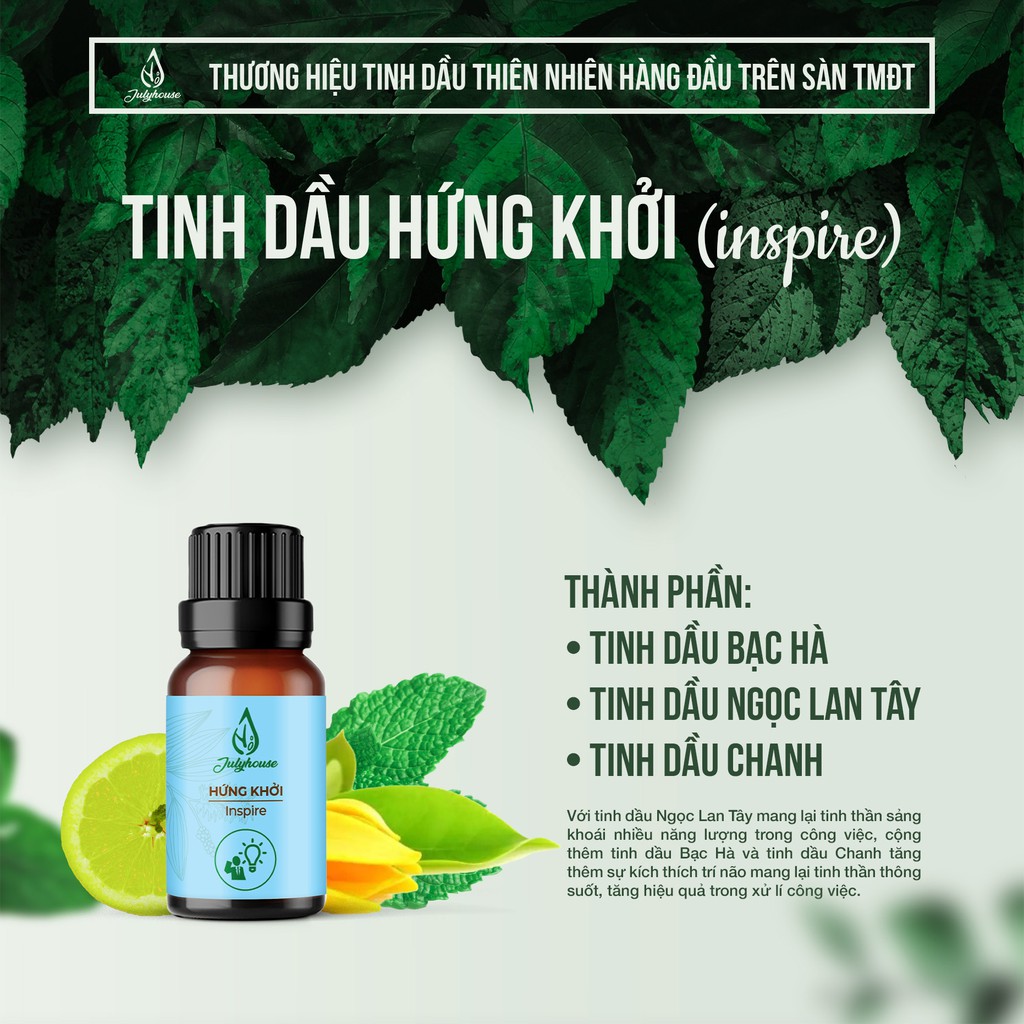 Tinh dầu Hứng Khởi 10ml JULYHOUSE kết hợp tinh dầu Chanh, Bạc Hà và Ngọc Lan Tây