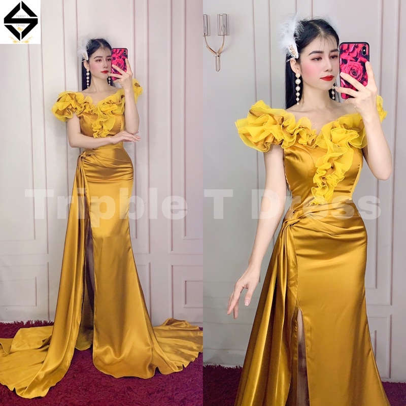 Đầm maxi body dạ hội phối bèo voan sang trọng thanh lịch TRIPBLE T DRESS - size S/M/L - MS219Y