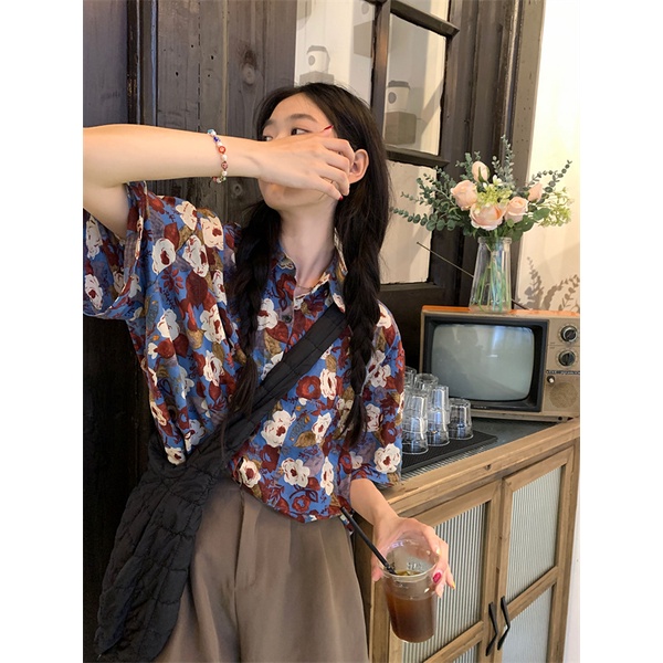 Áo Sơ Mi Tay Ngắn Dáng Rộng In Hoa Phong Cách Hồng Kông Cổ Điển Thời Trang Cho Nữ