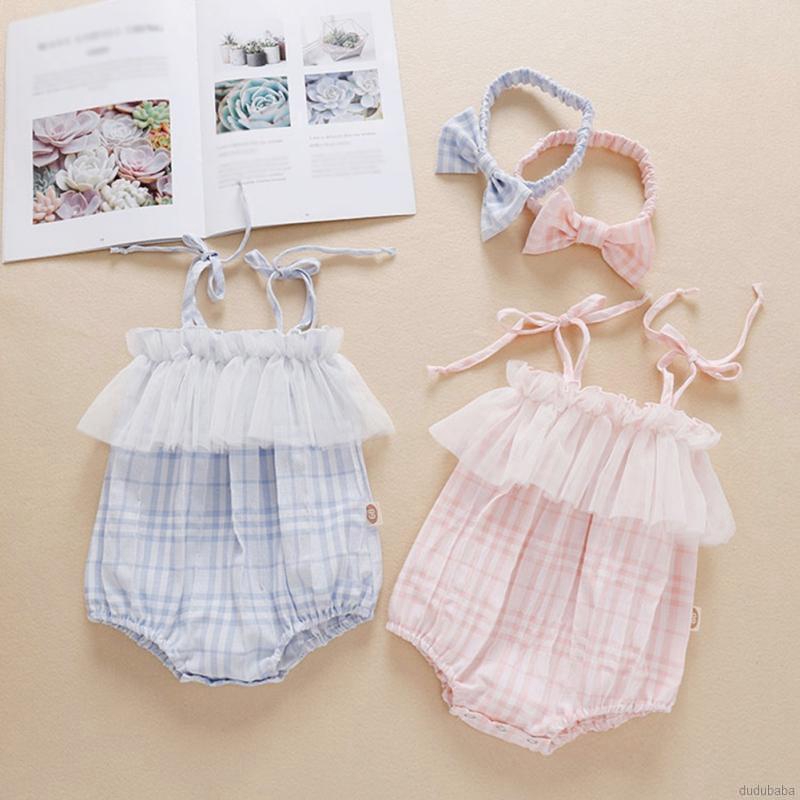 Bộ áo liền quần không tay + băng đô dễ thương cho bé gái từ 0-24 tháng tuổi
